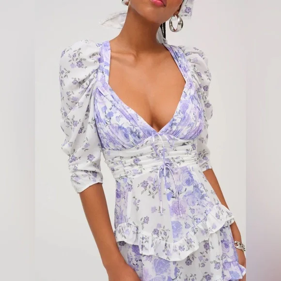 For Love and Lemons Rosalyn Mini Dress Lavender Floral Ruffle Dress Size Small